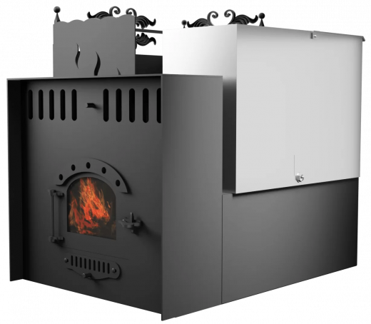 Печь Горыныч 3, каменка с левой стороны, малая дверь со стеклом, система воздушного отопления с порталом фото в Красноярске