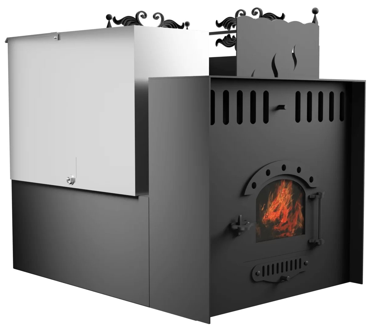 Печь Горыныч 3, каменка с правой стороны, малая дверь со стеклом, система воздушного отопления с порталом фото в Красноярске Печь Горыныч 3, каменка с правой стороны, малая дверь со стеклом, система воздушного отопления с порталом фото в Красноярске